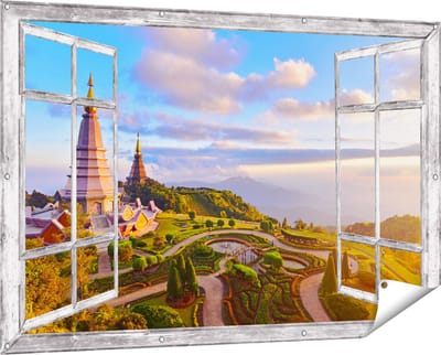 Gards Tuinposter Doorkijk Pagode Tempels in de Inthanon Berg in Thailand - 150x100 cm - Tuindoek - Tuindecoratie - Wanddecoratie buiten - Tuinschilderij