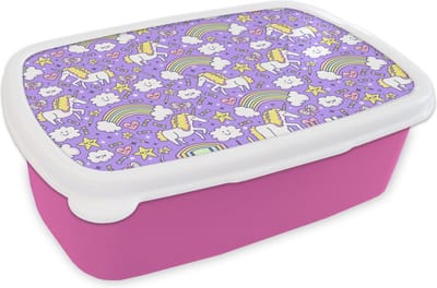 Broodtrommel Roze - Lunchbox - Brooddoos - Unicorn - Patroon - Regenboog - Kind - 18x12x6 cm - Kinderen - Meisje