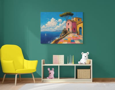 Modern Canvas Schilderij Kleurrijke Kuststraat – Zeezicht Wanddecoratie 100x75 cm