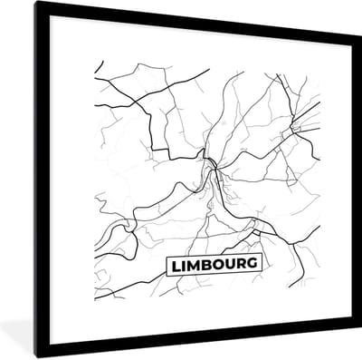 Fotolijst incl. Poster Zwart Wit- Stadskaart – Zwart Wit - Kaart – Limbourg – België – Plattegrond - 40x40 cm - Posterlijst