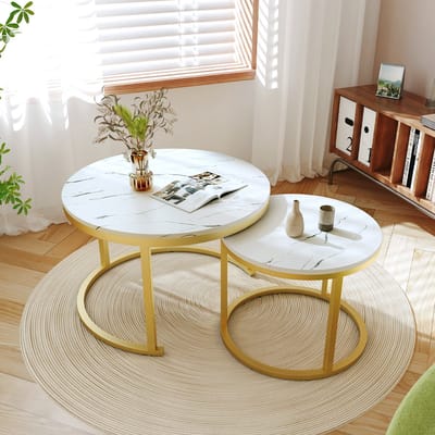 Hiazurm Salontafel - Salontafel Rond - Bijzettafel Set van 2 - Marmerlook - Metalen Frame - Moderne Salontafel - Woonkamer Tafel - Slaapkamer Tafel - Wit