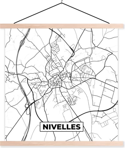 Posterhanger incl. Poster 40x40 cm - Schoolplaat - Zwart Wit – België – Plattegrond – Stadskaart – Kaart – Nivelles - Textielposter - Blanke latten - Stadskaart