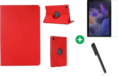 Arara Hoes Geschikt voor Samsung Galaxy Tab A8 (2021/2022) 10.5 inch draaibaar tablethoes + screenprotector - tempered glass - met stylus pen - Rood
