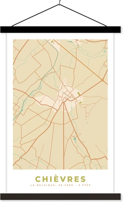 Posterhanger incl. Poster 40x60 cm - Schoolplaat - Stadskaart - Chièvres - Plattegrond - Vintage - Kaart - Textielposter - Zwarte latten - Stadskaart