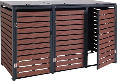 3 afvalemmerbehuizing MCW-K14, afvalemmerbox, deksel voor afvalemmer, 119x205x84cm WPC metaal 109kg ~ walnoot houtlook