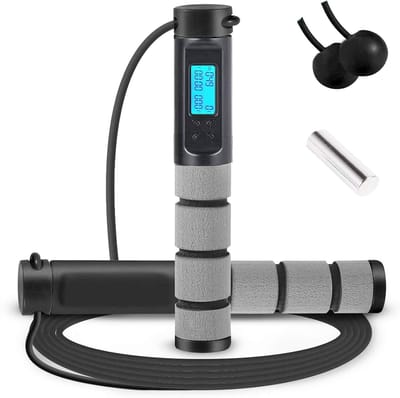 Famanu Springtouw, digitale verzwaarde handvat workout springtouw met calorieënteller voor training fitness, verstelbare snelheid oefening springtouw voor mannen, vrouwen, kinderen, meisjes