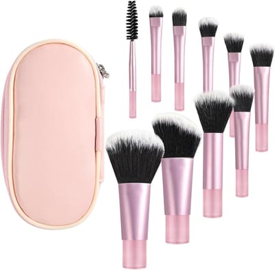 Mini make-upkwastenset met opbergtas - 10 stuks - draagbaar - cosmetische kwastenset - reisformaat - wimpers - foundation - oogschaduw - contour - blush