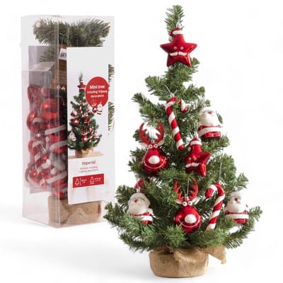 Dailygoods- Boomdecoraties Mini-Kerstboom - 10 Figuren - Onbreekbaar Kunststof - Jutezak - Realistische Zachte Naalden - Diameter 35 cm, Hoogte 60 cm
