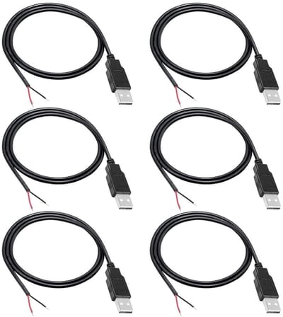 6 stuks 30 cm USB A-pigtail-kabel, 22 AWG, soldeerbare uiteinden voor 5 V 3 A, perfect voor ledverlichting, doe-het-zelf projecten en verlengkabels
