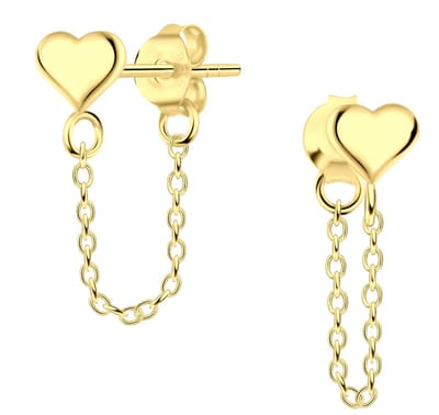 Joy|S - Zilveren petit hartje oorbellen - 5 x 4 mm met kettinkje - gold plated