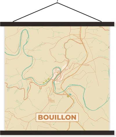 Posterhanger incl. Poster 60x60 cm - Schoolplaat - Stadskaart - Plattegrond - Bouillon - Kaart - Vintage - Textielposter - Zwarte latten - Stadskaart