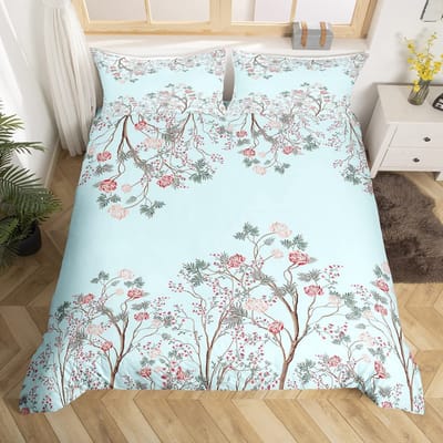 Ensemble de literie botanique florale frais Taille Queen Pour enfants Adultes Style ferme Feuilles Fleur Branche Housse de couette Taies d'oreiller Décor EU single(135x200cm)