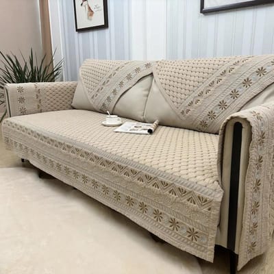 Beige Jacquard Plaid Bankkussen Vier Seizoenen Universeel Katoen Bankhoezen Anti-Slip Rugleuning Armleuning Combinatie Bankhanddoek 90x90cm 1pcs