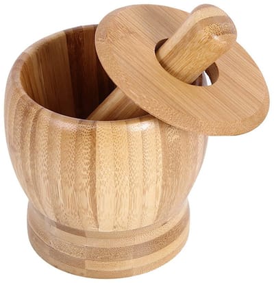 Decopatent - Bamboe Vijzel en Stamper met Deksel - Ø11.8 cm - Duurzame Houten Kruiden Vijzel - Keuken Mortier Set voor Kruiden, Specerijen & Pesto