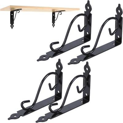 Verdikte zwarte plankhouders voor wandmontage - 90 graden metalen hoeksteunen voor bloemenarrangementen en decoratie - 4 stuks, 150 x 115 mm