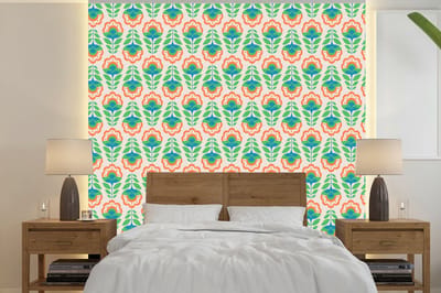 Behang - Fotobehang Retro - Bloemen - Design - Groen - Oranje - Breedte 240 cm x hoogte 240 cm