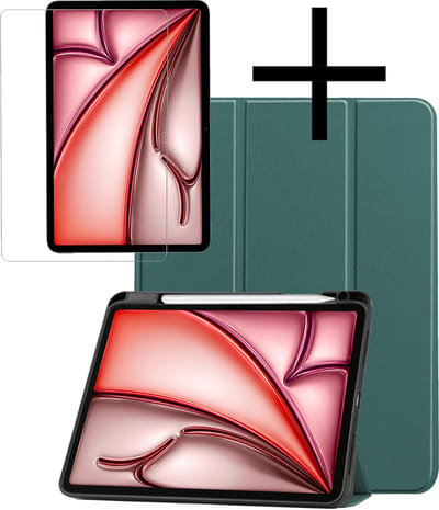 Hoes - Geschikt voor Apple iPad Air (2024/2025/2026) - 11 inch - Met Screenprotector - Trifold Bookcase - Hard Cover Case - Met Uitsparing Geschikt voor Apple Pencil - Hardcover Book - Tablet Hoesje - Donkergroen