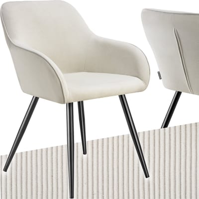 tectake® Eetkamerstoelen Marilyn - Gestoffeerde Stoelen met Koordlook/ribstof - Zwarte Stoelpoten - Ergonomische Keukenstoel - Stoel voor Eetkamer, Woonkamer, Slaapkamer - Creme