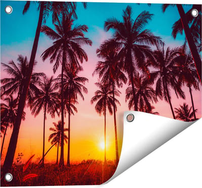 Gards Tuinposter Palmbomen op het Strand bij Zonsondergang - 50x40 cm - Tuindoek - Tuindecoratie - Wanddecoratie buiten - Tuinschilderij