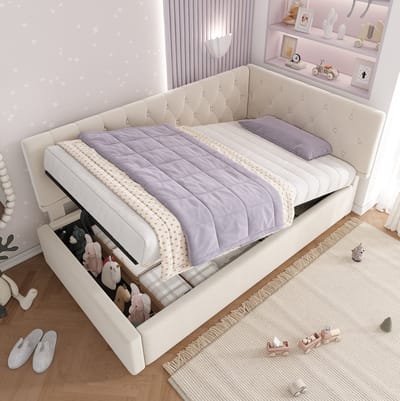 COVREO Slaapbank met opbergruimte – 90x190 cm – Bedbank van stof en hout – voor kinderkamer en jeugdkamer – Beige - zonder matras