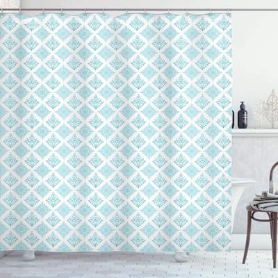 ABAKUHAUS Douchegordijn – Bloemen damast-stijl – 175x180 cm – zeeblauw/wit