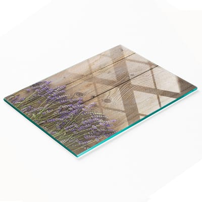 Stijlvol en duurzaam glazen bord met lavendelprint op platen van 80x52 cm.