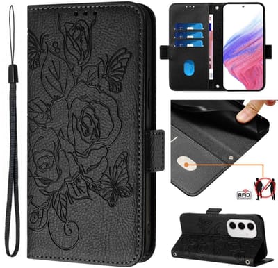 Voor Samsung Galaxy S24 FE 5G reliëf Rose RFID anti-diefstal lederen telefoonhoesje (zwart)