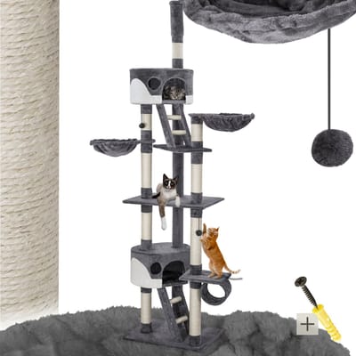 tectake® Kattenkrabpaal XXL – Plafondhoog 243-260cm – Verstelbare Krabpaal met Trap, Grot, Buis, Ligmandjes en Sisalzuilen – Grijs/Wit – Kattenhuis, Kattenboom, Krabmeubel voor Binnen