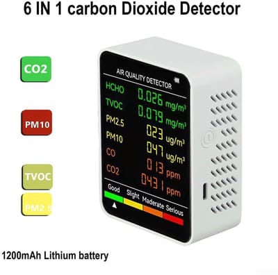 Luchtkwaliteitsmonitor - Koolstofdioxidemonitor - 6 functies - Detecteert PM2.5, PM10, HCHO, TVOC, CO, CO2 - Geschikt voor het monitoren van de binnenlucht, het testen van kantoorruimtes, het inspecteren van de lucht in auto's en het monitoren - Wit