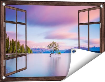 Gards Tuinposter Doorkijk Wanaka Boom in het Water bij Zonsopgang - 60x40 cm - Tuindoek - Tuindecoratie - Wanddecoratie buiten - Tuinschilderij