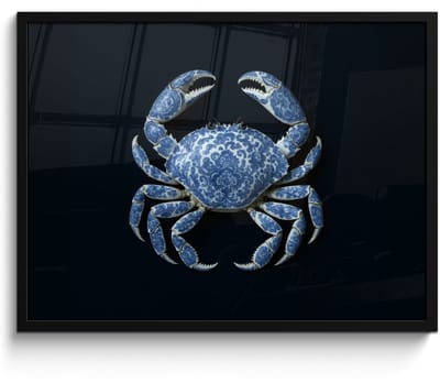 Poster in lijst - Fotolijst 70x50 cm - Posters - Krab - Delfts blauw - Dieren - Posterlijst zwart - Decoratie - Wanddecoratie woonkamer - Muurdecoratie slaapkamer