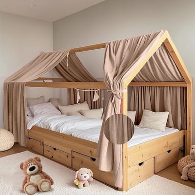 Handgemaakte Bedtent van 100% Katoen Muslin, Decoratieve Hemel voor Huisbedden, Set van 2, Geschikt voor Jongens en Meisjes (Donkerbeige, 65 x 270 cm)