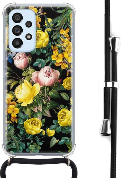 Hoesje met koord - Geschikt voor Samsung Galaxy A53 - Bloemen geel - Verstelbaar zwart koord - Crossbody - Bloemen - Transparant, Geel - Leuke Telefoonhoesjes