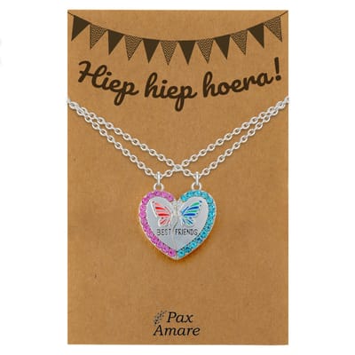 BFF Ketting voor 2 'Hiep Hiep Hoera' - Magnetisch Hartje met Vlinder - Vriendschapsketting op Cadeau Kaartje - 45cm + 5cm verstelbaar - Zilverkleurig - Verjaardags Hanger - Pax Amare