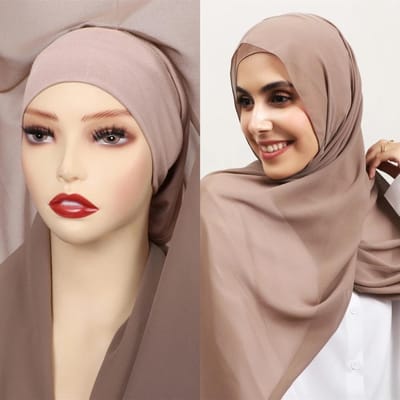 Hijab Châle Wrap Instantané Premium en Mousseline Avec Aimants Intégrés Couleur Unie Foulard Écharpe Musulmane pour Femmes Avec Sous-Turban white