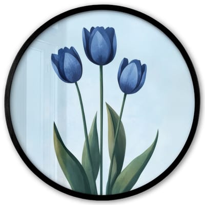 Poster in lijst Rond - Fotolijst 40x40 cm - Posters - Tulpen - Blauw - Bladeren - Ronde posterlijst zwart - Decoratie - Wanddecoratie woonkamer - Muurdecoratie slaapkamer