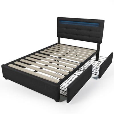 COVREO Bedframe 90x200 cm zwart, LED, 2 lades, matras inbegrepen