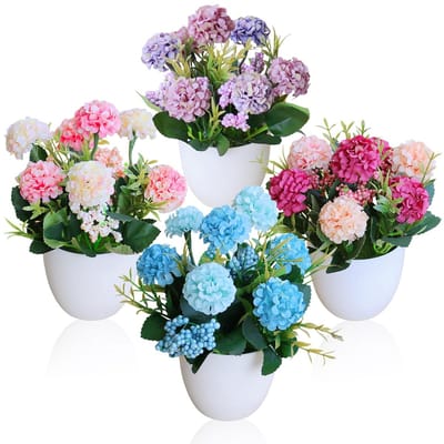 Dailygoods - 4 stuks kunstbloemen in pot, mini-kunstplanten, kleine chrysant tafeldecoratie, binnen en buiten, doe-het-zelf bloemstukken, groene planten voor balkon, thuis, kantoor