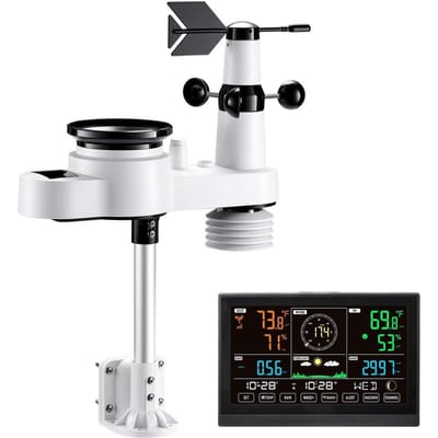Station Météo Wi-Fi 5-en-1, Écran VA de 190,5 mm, Capteur Extérieur Solaire Sans Fil, Pluviomètre, Intérieur Extérieur pour Prévisions Météo, Vitesse du Vent