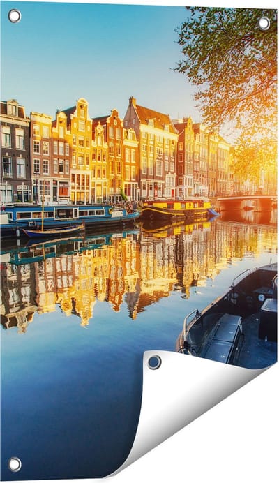 Gards Tuinposter Amsterdamse Gracht bij Zonsondergang - 40x60 cm - Tuindoek - Tuindecoratie - Wanddecoratie buiten - Tuinschilderij