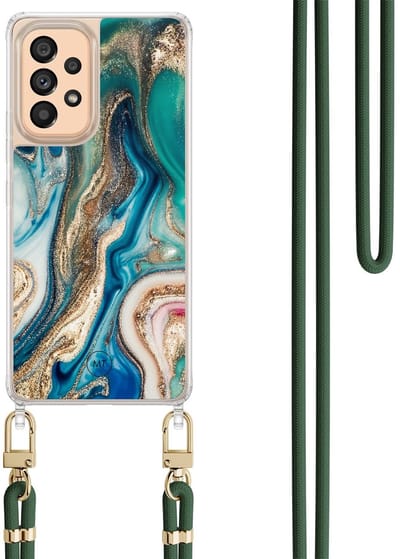 Hoesje met koord geschikt voor Samsung Galaxy A52 5G - Magic marble - Inclusief Groen koord - Crossbody beschermhoes - Transparant, Multi - Mooie Telefoonhoesjes