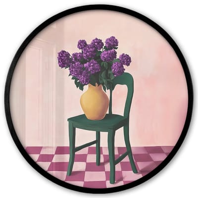 Poster in lijst Rond - Fotolijst 40x40 cm - Posters - Stoel - Vaas - Bloemen - Geblokt - Ronde posterlijst zwart - Decoratie - Wanddecoratie woonkamer - Muurdecoratie slaapkamer