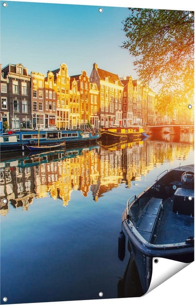 Gards Tuinposter Amsterdamse Gracht bij Zonsondergang - 90x120 cm - Tuindoek - Tuindecoratie - Wanddecoratie buiten - Tuinschilderij