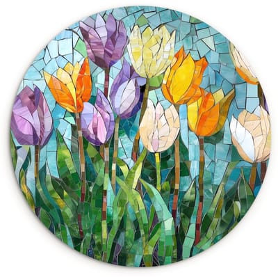 WallCircle® Wandcirkel 120x120 cm - Muurcirkel Mozaïek - Veld - Tulpen - Kleurrijk - Muurdecoratie woonkamer - Wanddecoratie slaapkamer - Kamer decoratie accessoires - Ronde schilderijen XXL