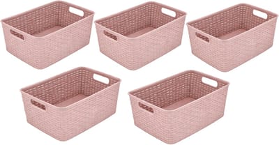 Opbergmand 12L Kunststof Roze – Set van 5 – Mandjes Riet Look – Opbergbox en Opbergdoos 36x28x13,5 cm – Kast Organizer – Opbergmand Kinderkamer, Badkamer en Wasruimte – Stapelbaar