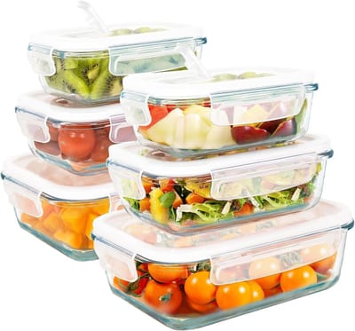 Famanu – Glazen foodcontainer set 6 met stoomventiel 1 + 0,6 + 0,36 L – luchtdicht, stapelbaar