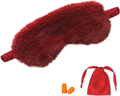 Pluizig Oogmasker met Reiszakje en Oordopjes in Wijnrood