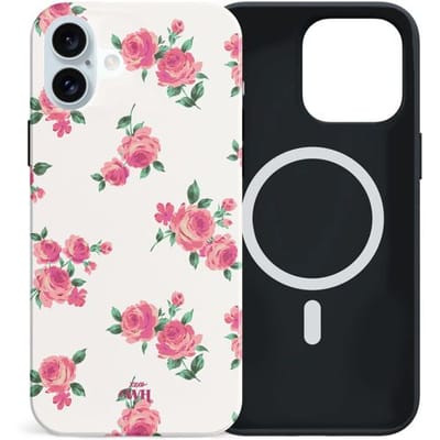 xoxo Wildhearts siliconen hoesje geschikt voor iPhone 16 hoesje - Dream Rose - Magnetisch telefoonhoesje - Magneet case - Kwalitatieve backcover - TPU materiaal - Hoesje met rozen - Roses - Wit / Creme
