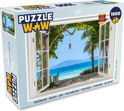 Puzzel Doorkijk - Boom - Zee - Palmboom - Heuvels - Strand - Blauw - Legpuzzel - Puzzel 1000 stukjes volwassenen