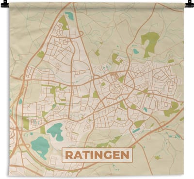 Wandkleed - Wanddoek - Plattegrond - Ratingen - Vintage - Kaart - Stadskaart - 180x180 cm - Wandtapijt
